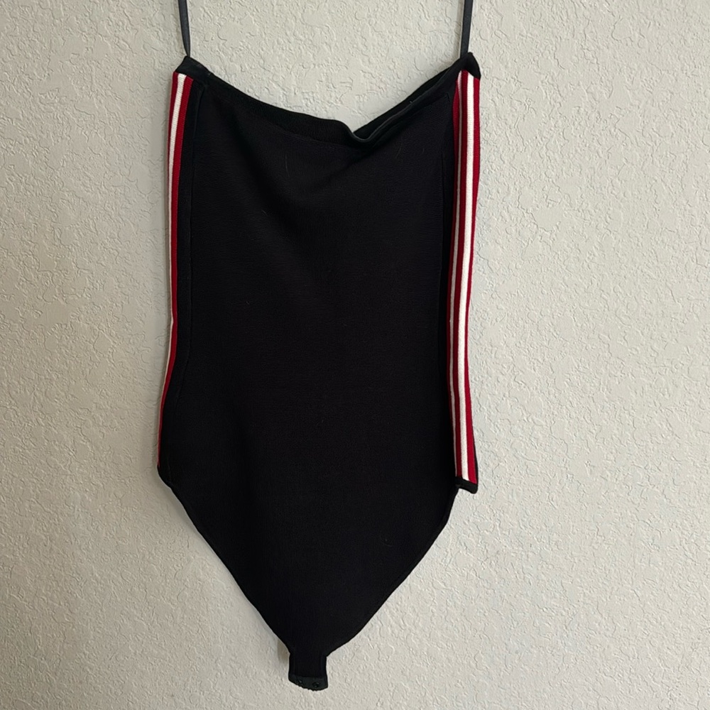 Black tube top with red and white stripe